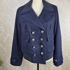Style & Co Jeans Size L Navy Blue Double Breasted Jacket Sweater Trim Lined EUC